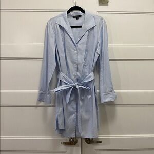 Lafayette 148 New York Pale Blue Cotton Shirt-Dress Button-Down with Tie sz 14